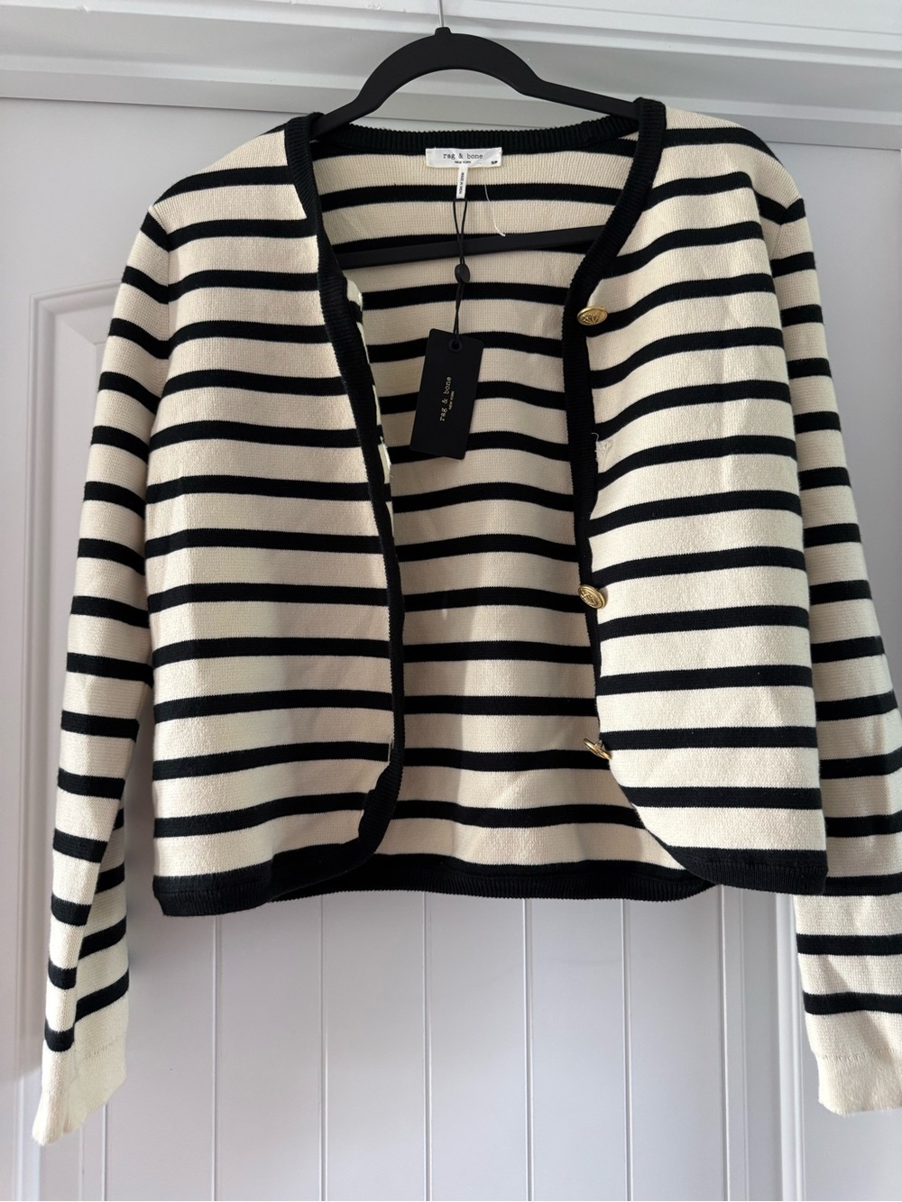 Rag & Bone Striped Button-Front Cardigan in Black & Cream - Picture 6 of 10
